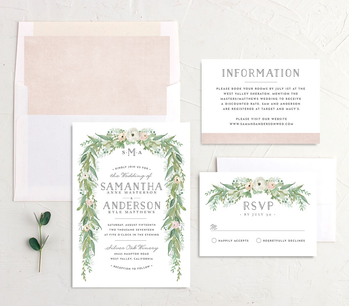 Painted Garland Wedding Invitations suite in Jewel Green