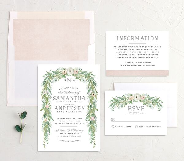 Painted Garland Wedding Invitations suite in Green