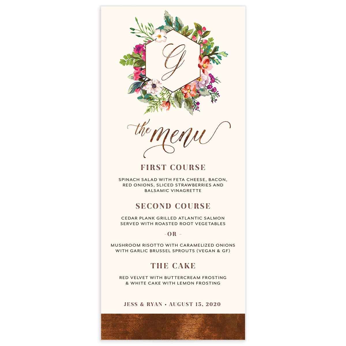 Bold Bouquet Menus front in Champagne