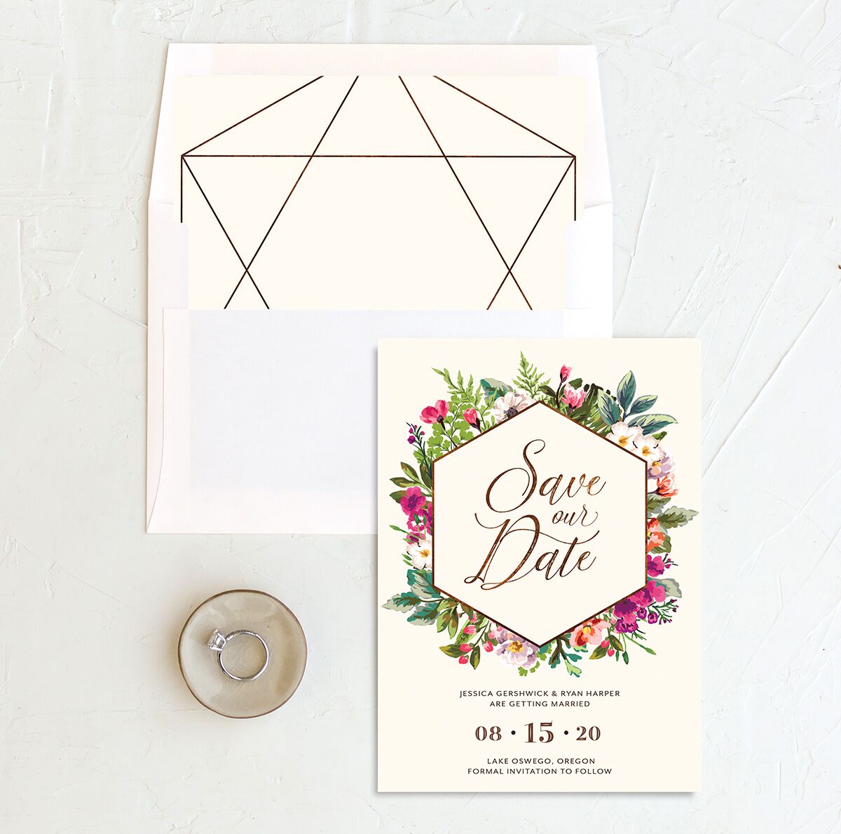 Bold Bouquet Save the Date Cards envelope-and-liner in Cream