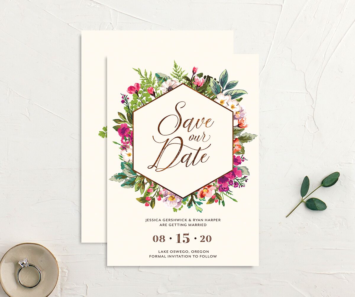 Bold Bouquet Save the Date Cards front-and-back in Champagne