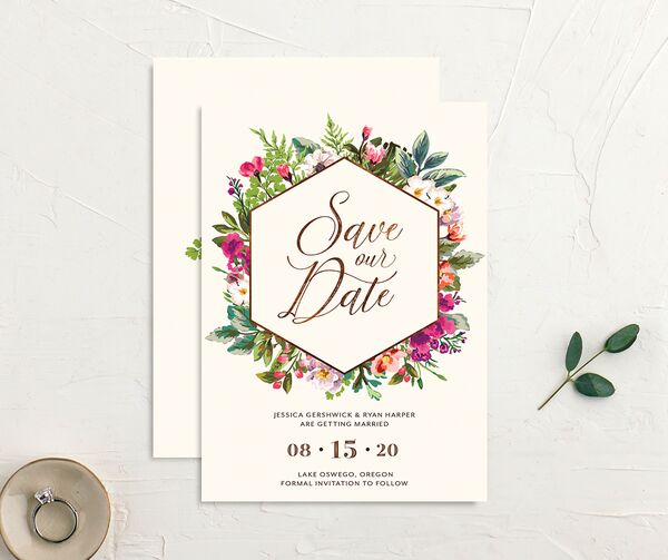 Bold Bouquet Save the Date Cards front-and-back in Champagne