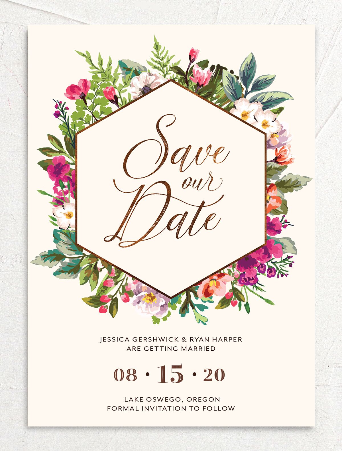 Bold Bouquet Save the Date Cards front in Champagne