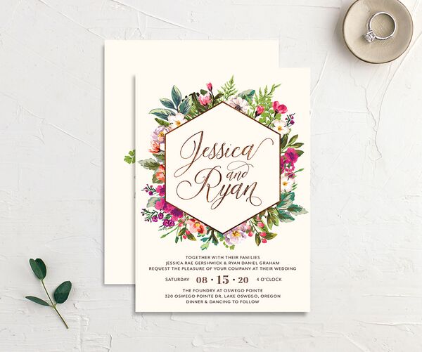Bold Bouquet Wedding Invitations front-and-back in Champagne