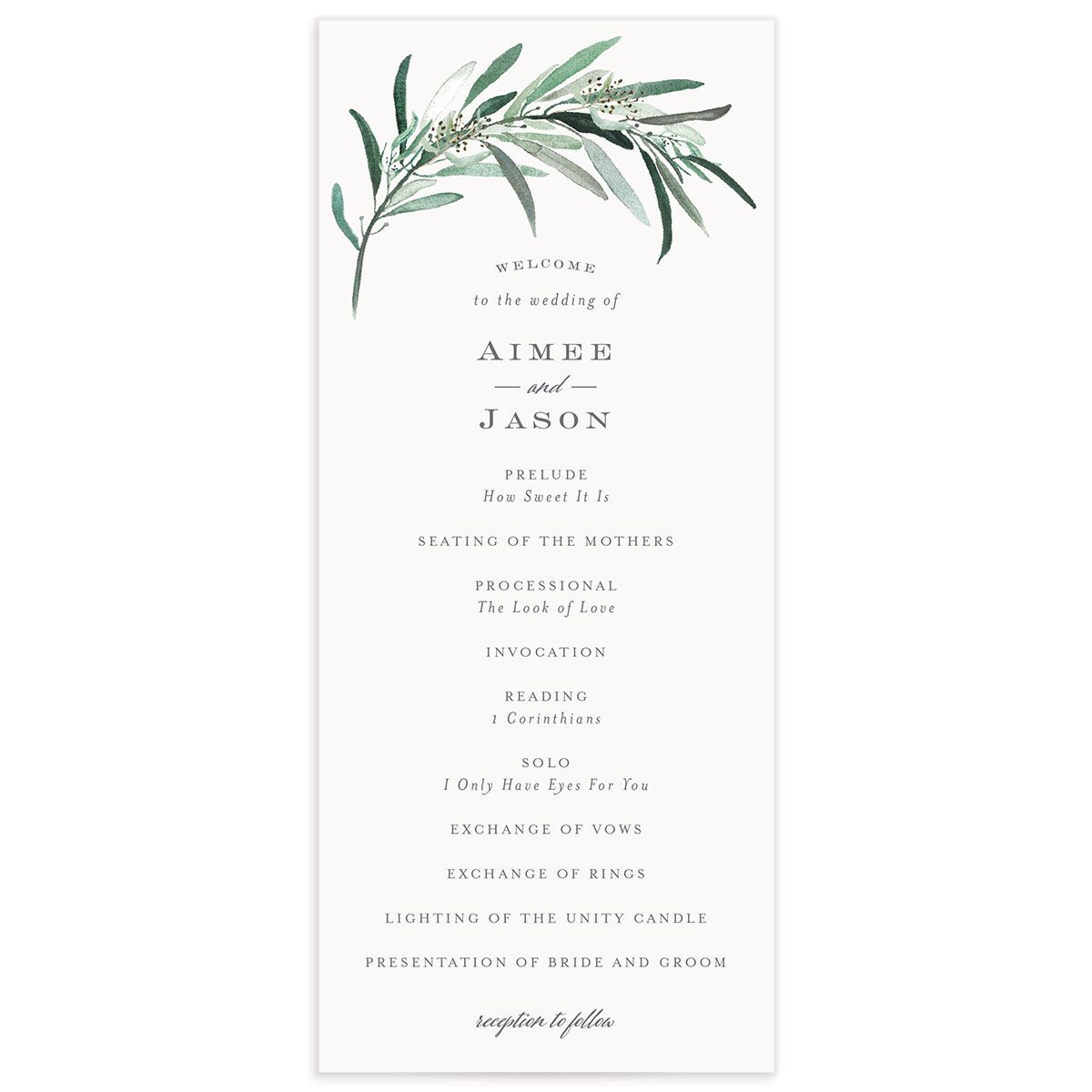 Painted Branch Wedding Programs front in Jewel Green