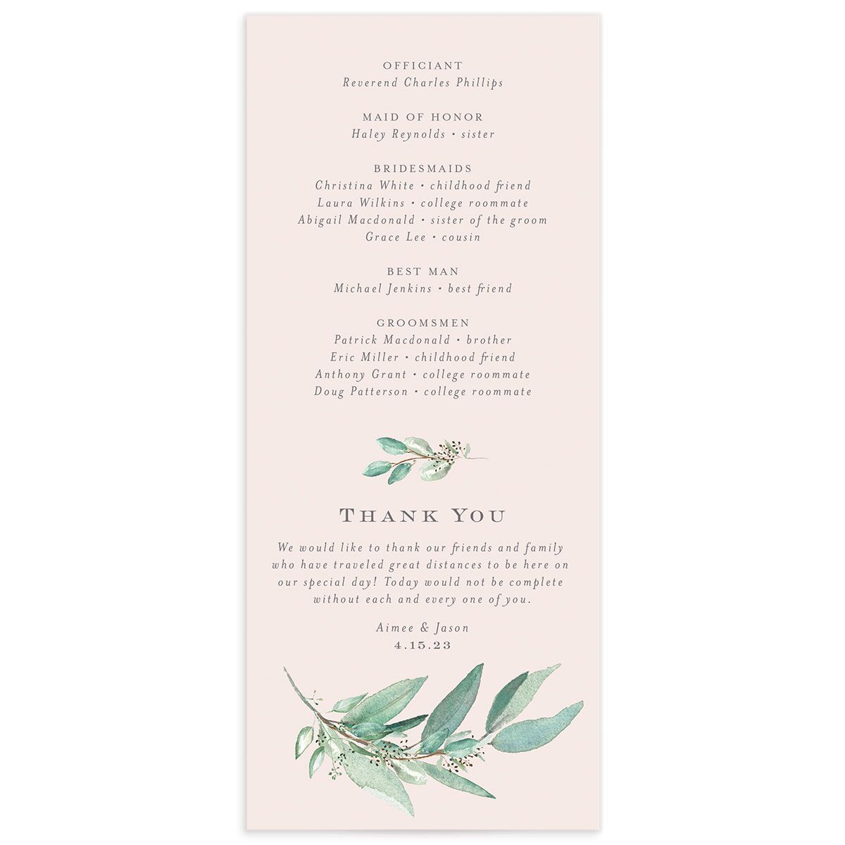 Painted Branch Wedding Programs back in Pink