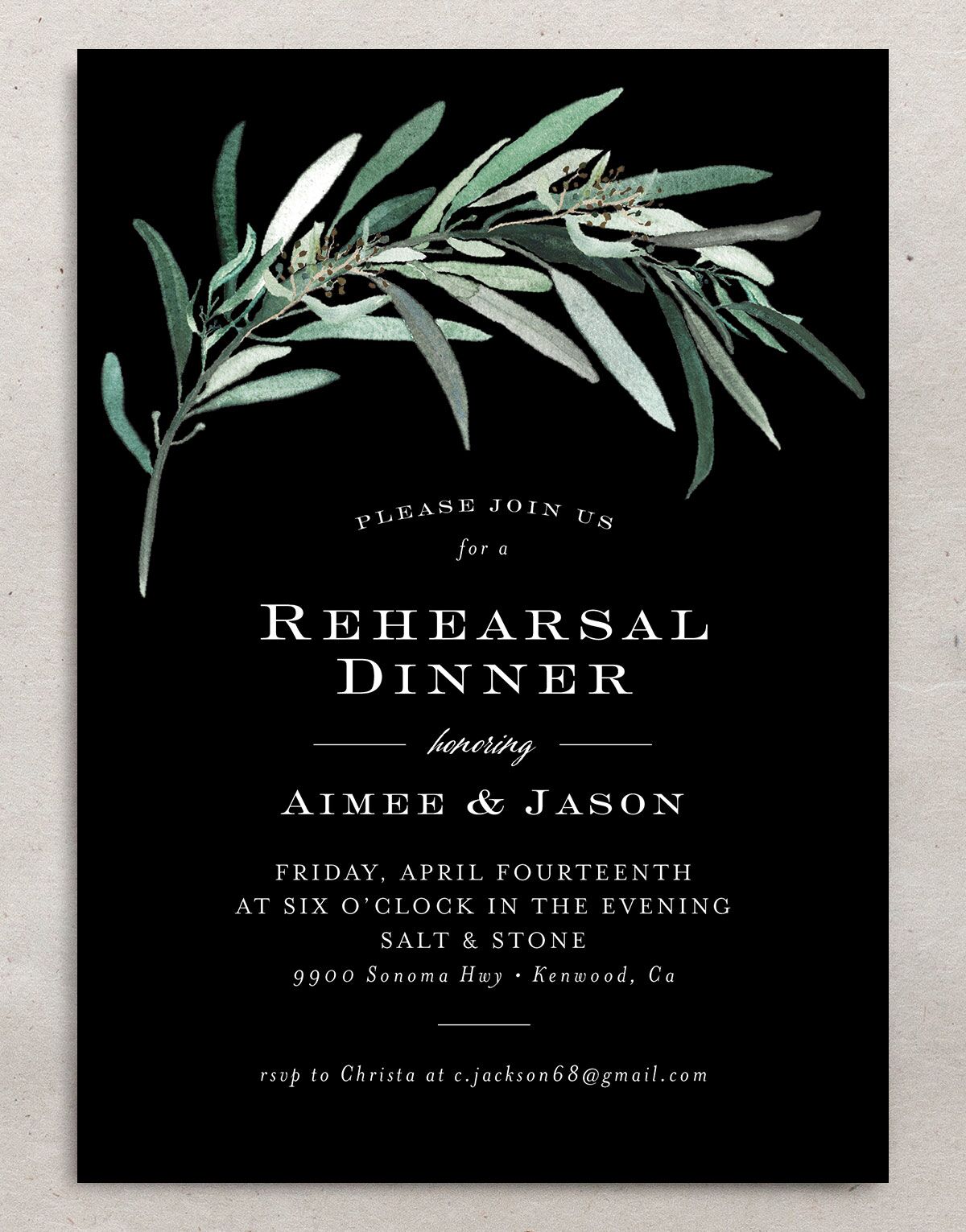 Painted Branch Rehearsal Dinner Invitations front in Midnight