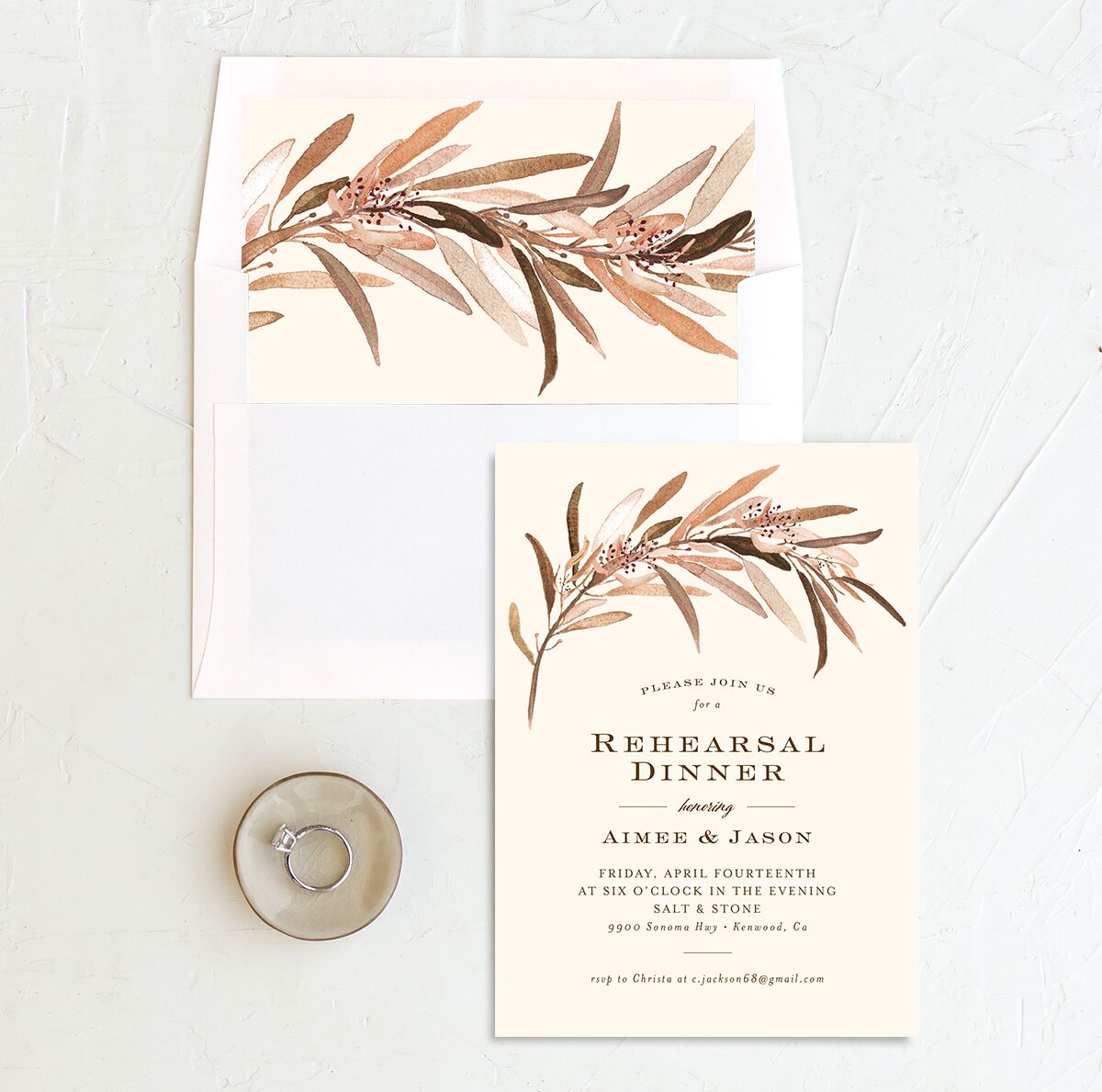 Painted Branch Rehearsal Dinner Invitations envelope-and-liner in Brown