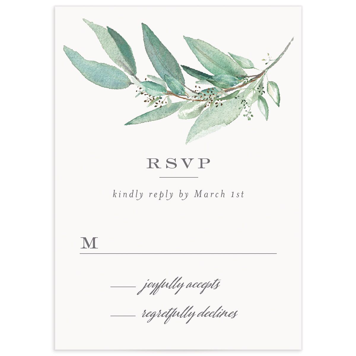 Painted Branch Wedding Response Cards front in Jewel Green