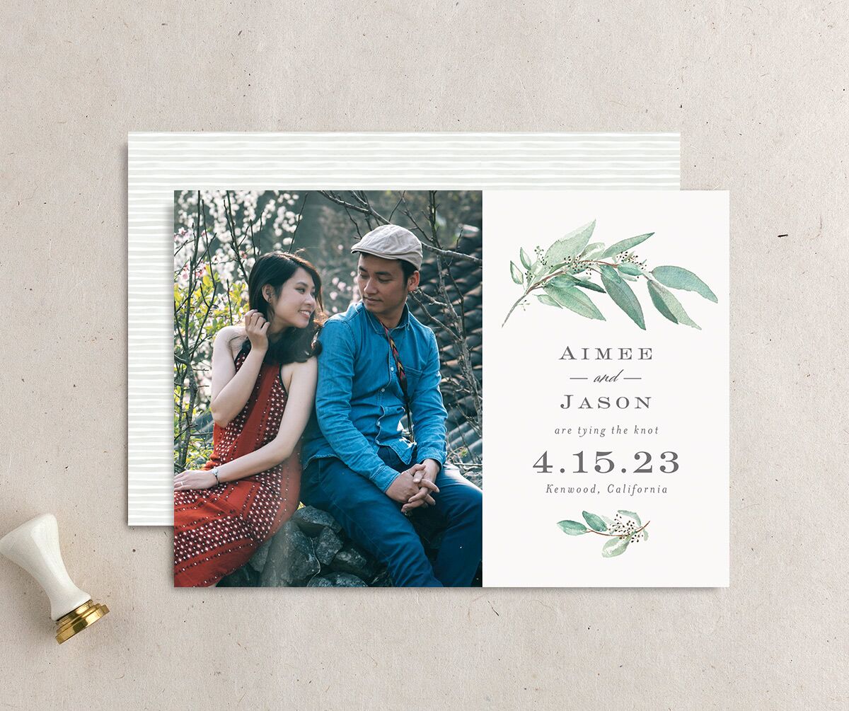 Painted Branch Save the Date Cards front-and-back in Jewel Green