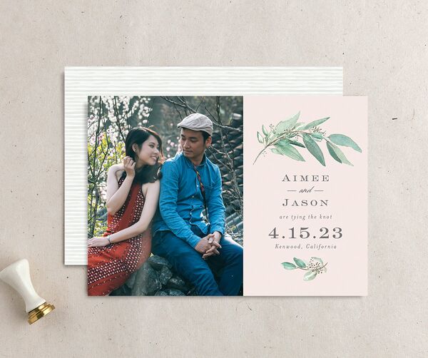 Painted Branch Save the Date Cards front-and-back in Rose Pink