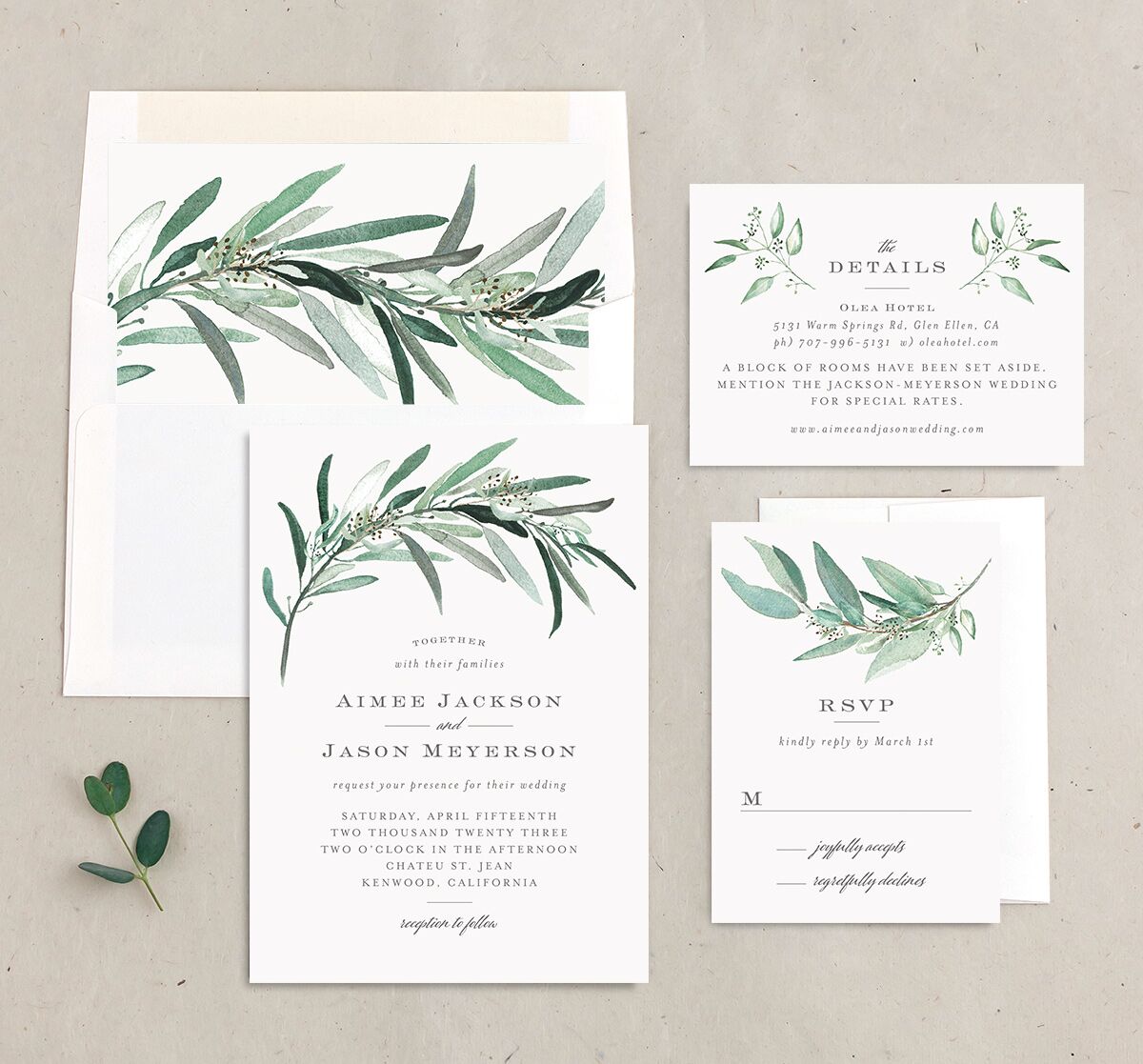 Painted Branch Wedding Invitations suite in Jewel Green