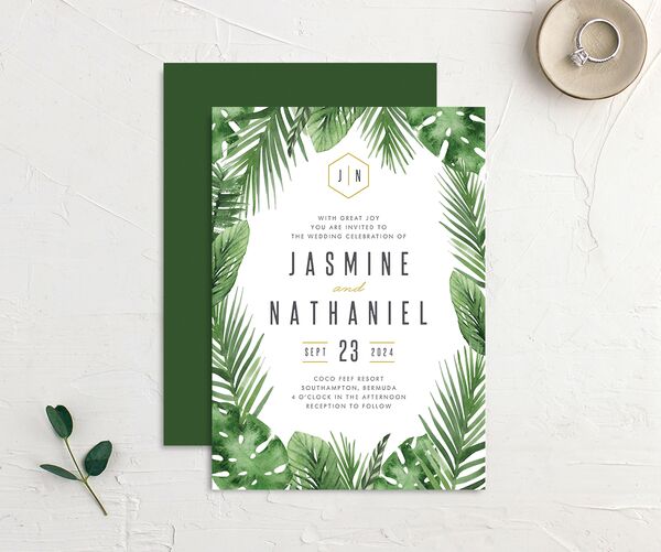 Exotic Greenery Wedding Invitations front-and-back in Jewel Green