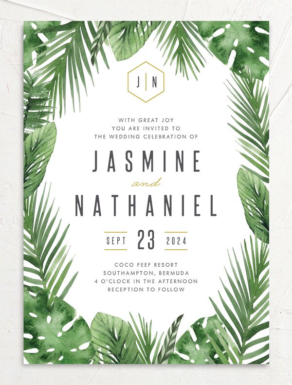 Exotic Greenery Wedding Invitations front in Jewel Green