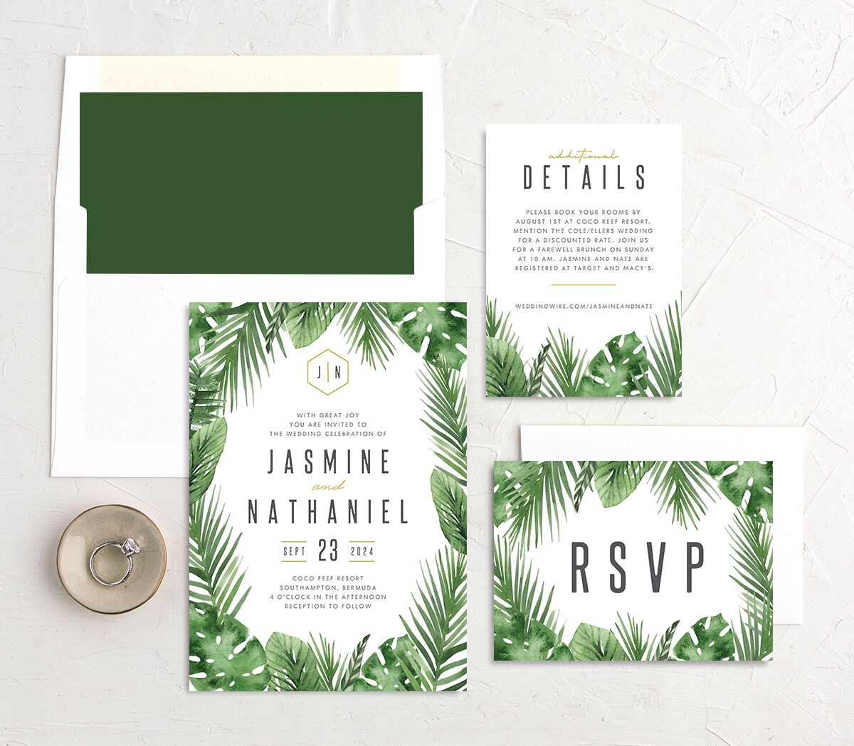 Exotic Greenery Wedding Invitations suite in Jewel Green