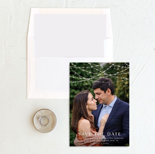 Hanging Lights Save the Date Cards envelope-and-liner in French Blue