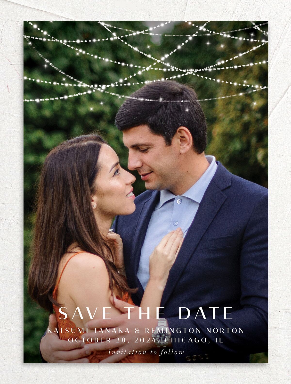 Hanging Lights Save the Date Cards front in French Blue