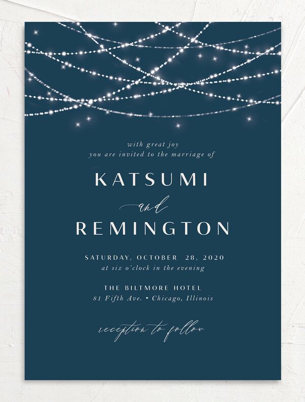 Hanging Lights Wedding Invitations front in French Blue