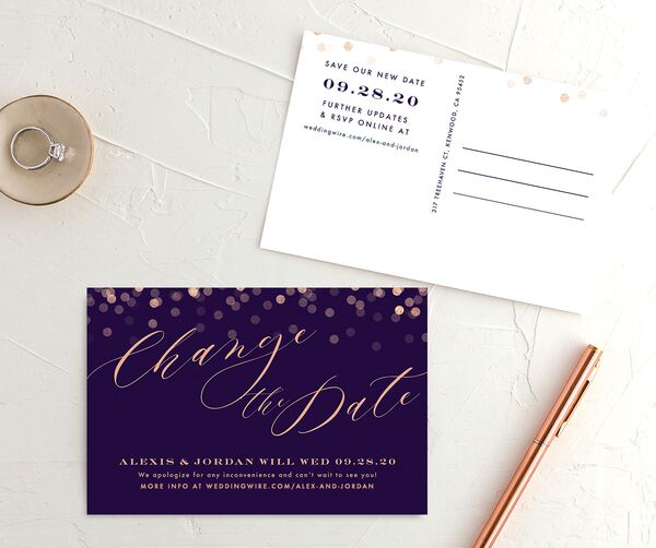 Confetti Glamour Change the Date Postcards front-and-back in Jewel Purple
