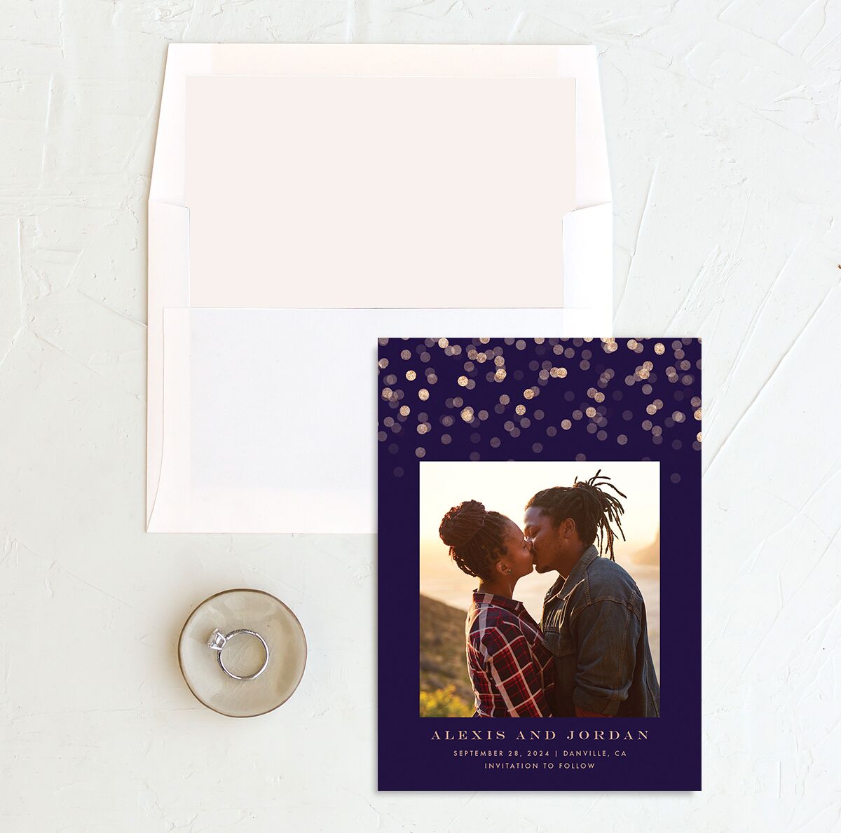 Confetti Glamour Save the Date Cards envelope-and-liner in Jewel Purple