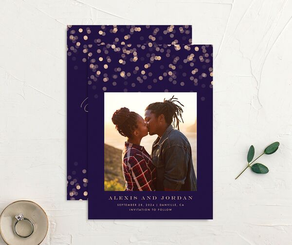 Confetti Glamour Save the Date Cards front-and-back in Jewel Purple