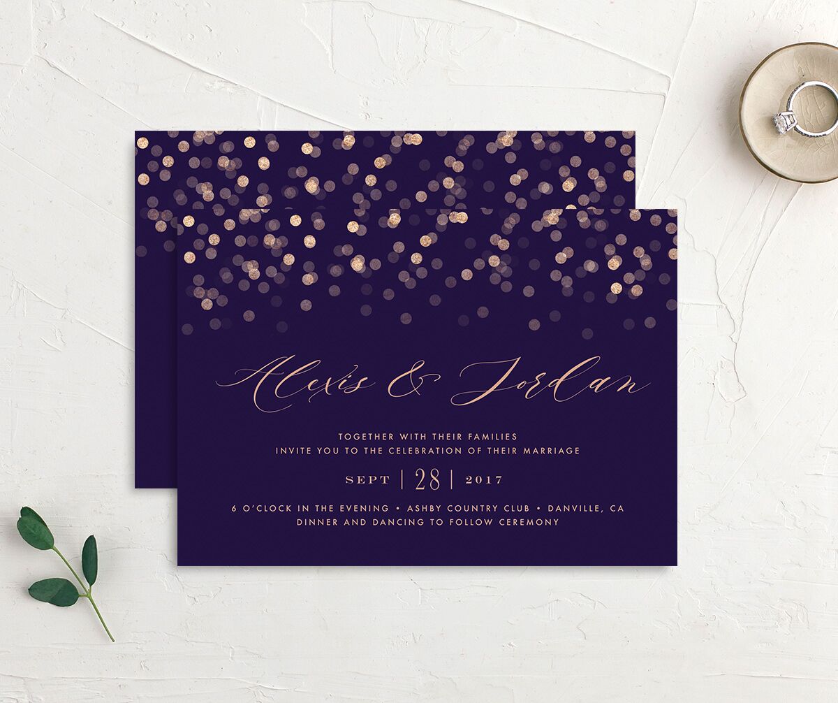 Confetti Glamour Wedding Invitations front-and-back in Jewel Purple