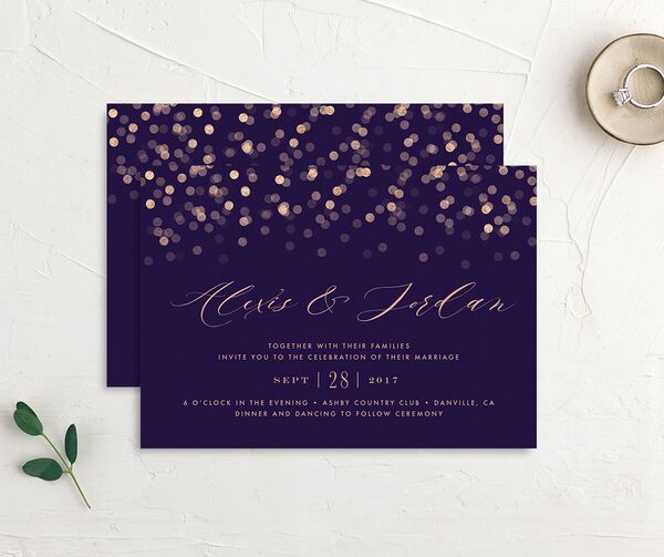 Confetti Glamour Wedding Invitations front-and-back in Jewel Purple