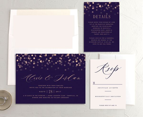 Confetti Glamour Wedding Invitations suite in Jewel Purple