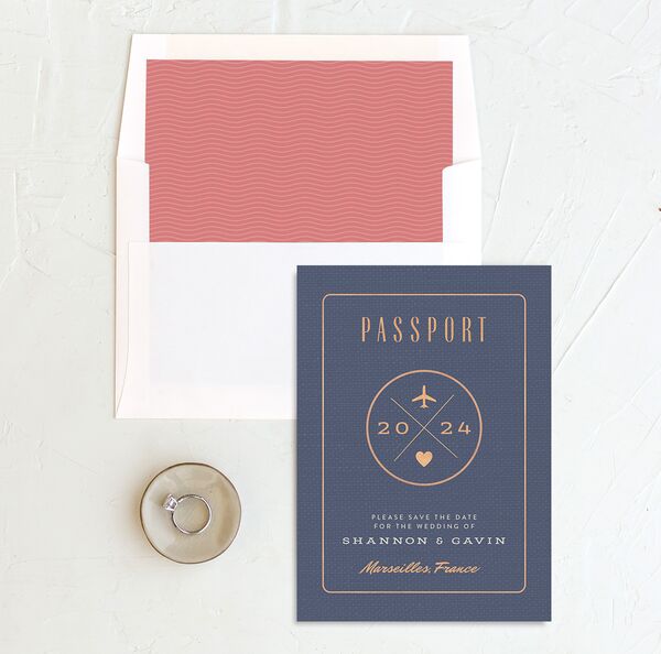 Vintage Passport Save The Date Cards envelope-and-liner in French Blue