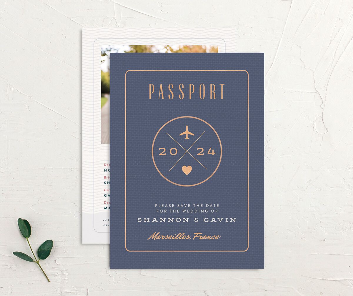 Vintage Passport Save The Date Cards front-and-back in French Blue