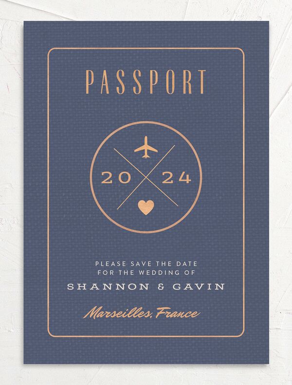 Vintage Passport Save The Date Cards front in French Blue