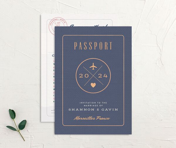 Vintage Passport Wedding Invitations front-and-back in French Blue