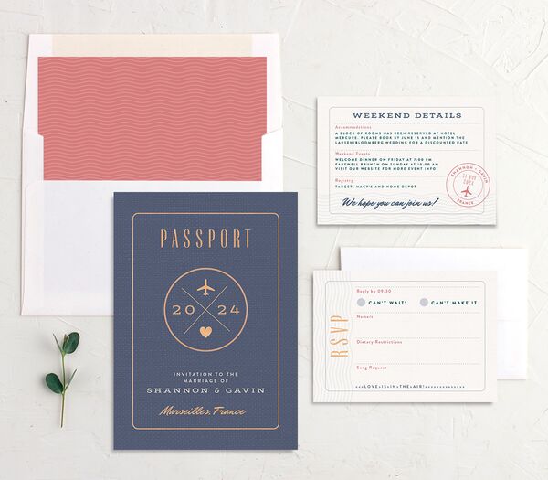 Vintage Passport Wedding Invitations suite in French Blue