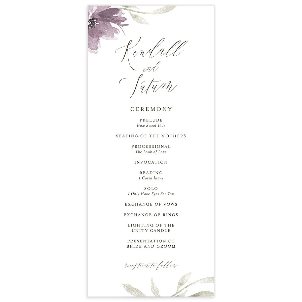 Breezy Botanical Wedding Programs front in Jewel Purple