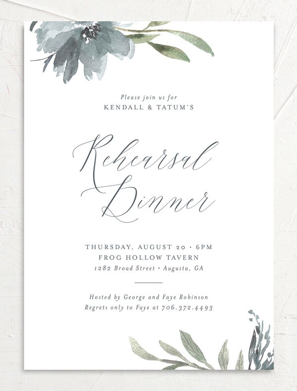 Breezy Botanical Rehearsal Dinner Invitations front in French Blue