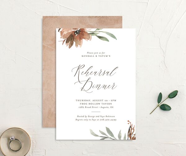 Breezy Botanical Rehearsal Dinner Invitations front-and-back in Walnut