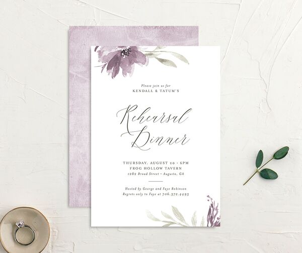 Breezy Botanical Rehearsal Dinner Invitations front-and-back in Jewel Purple