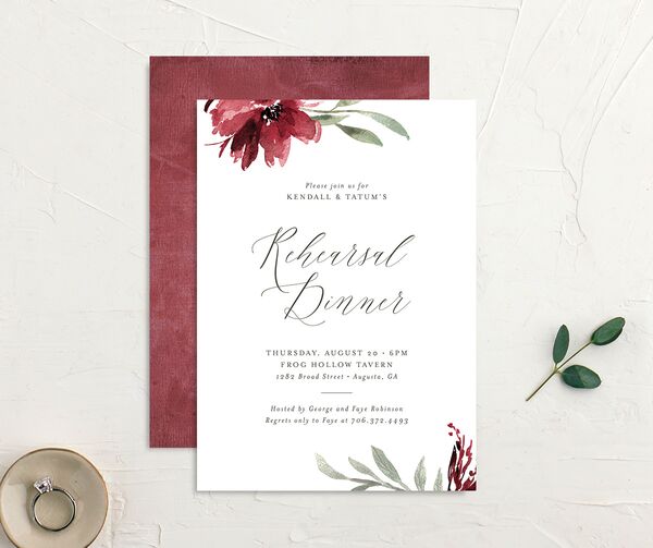 Breezy Botanical Rehearsal Dinner Invitations front-and-back in Red