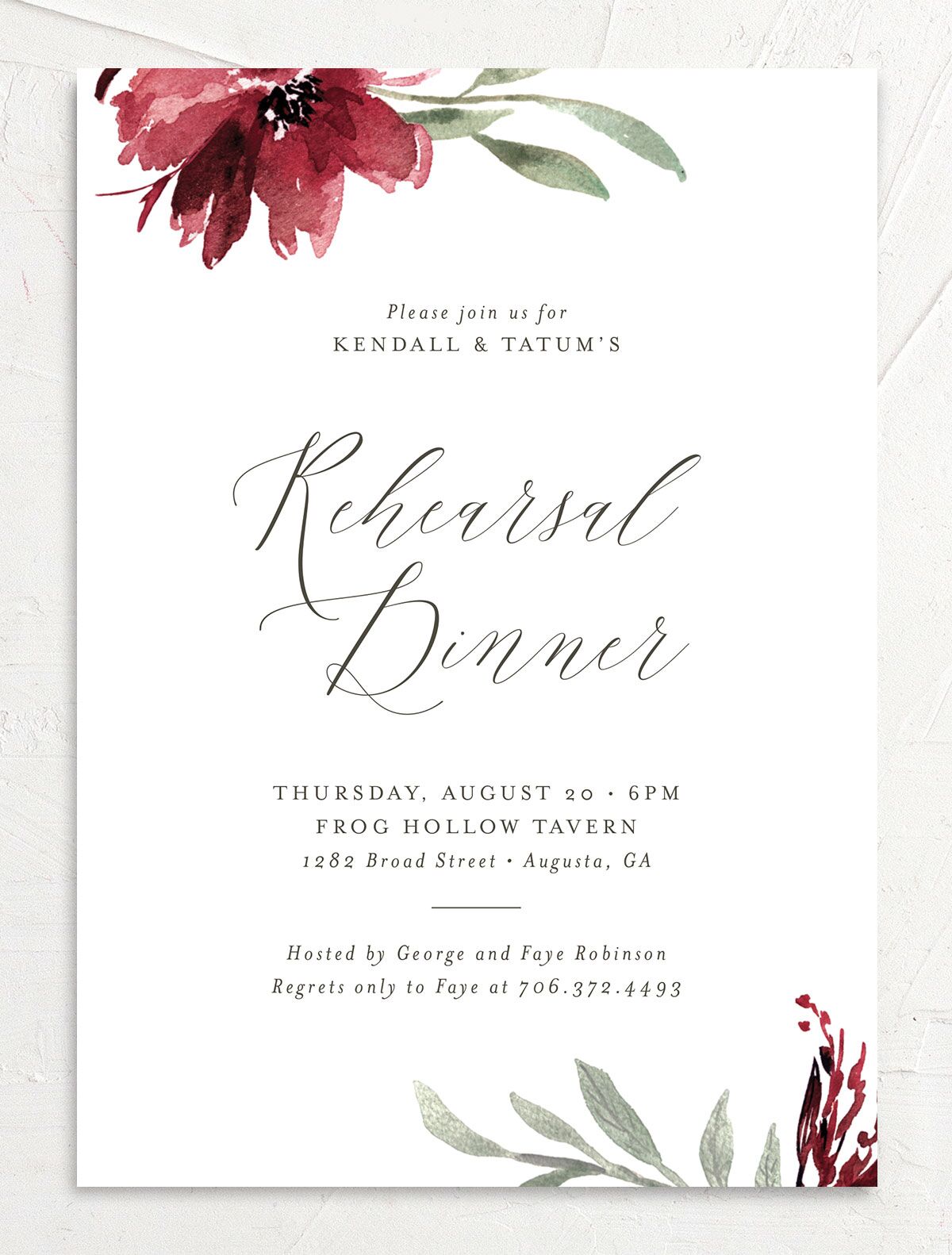 Breezy Botanical Rehearsal Dinner Invitations front in Red