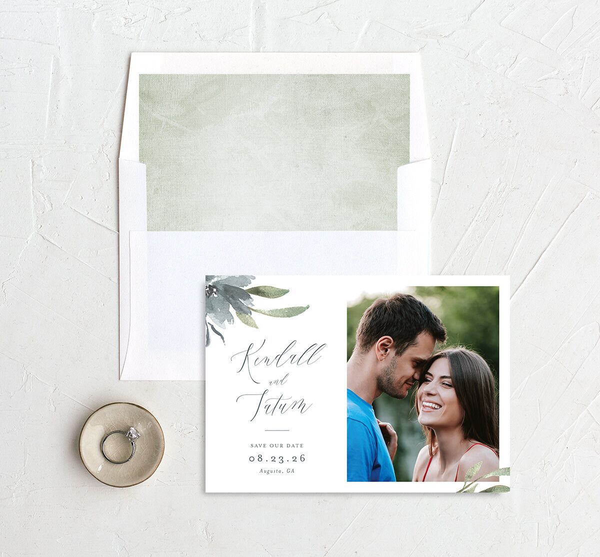 Breezy Botanical Save the Date Cards envelope-and-liner in French Blue