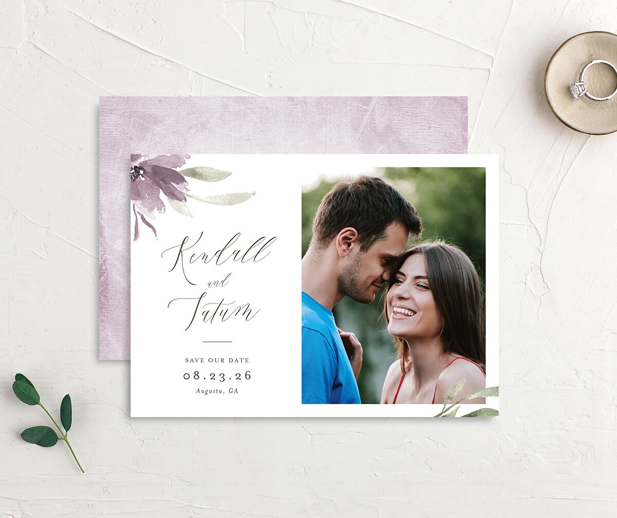 Breezy Botanical Save the Date Cards front-and-back in Jewel Purple