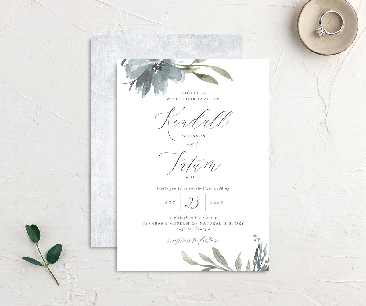 Breezy Botanical Wedding Invitations front-and-back in French Blue
