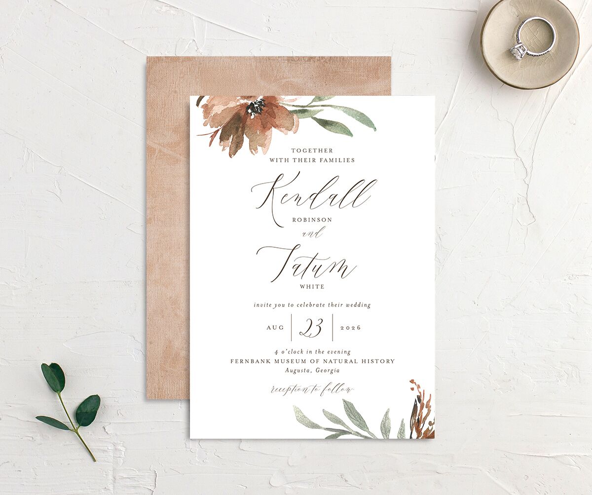 Breezy Botanical Wedding Invitations front-and-back in Walnut