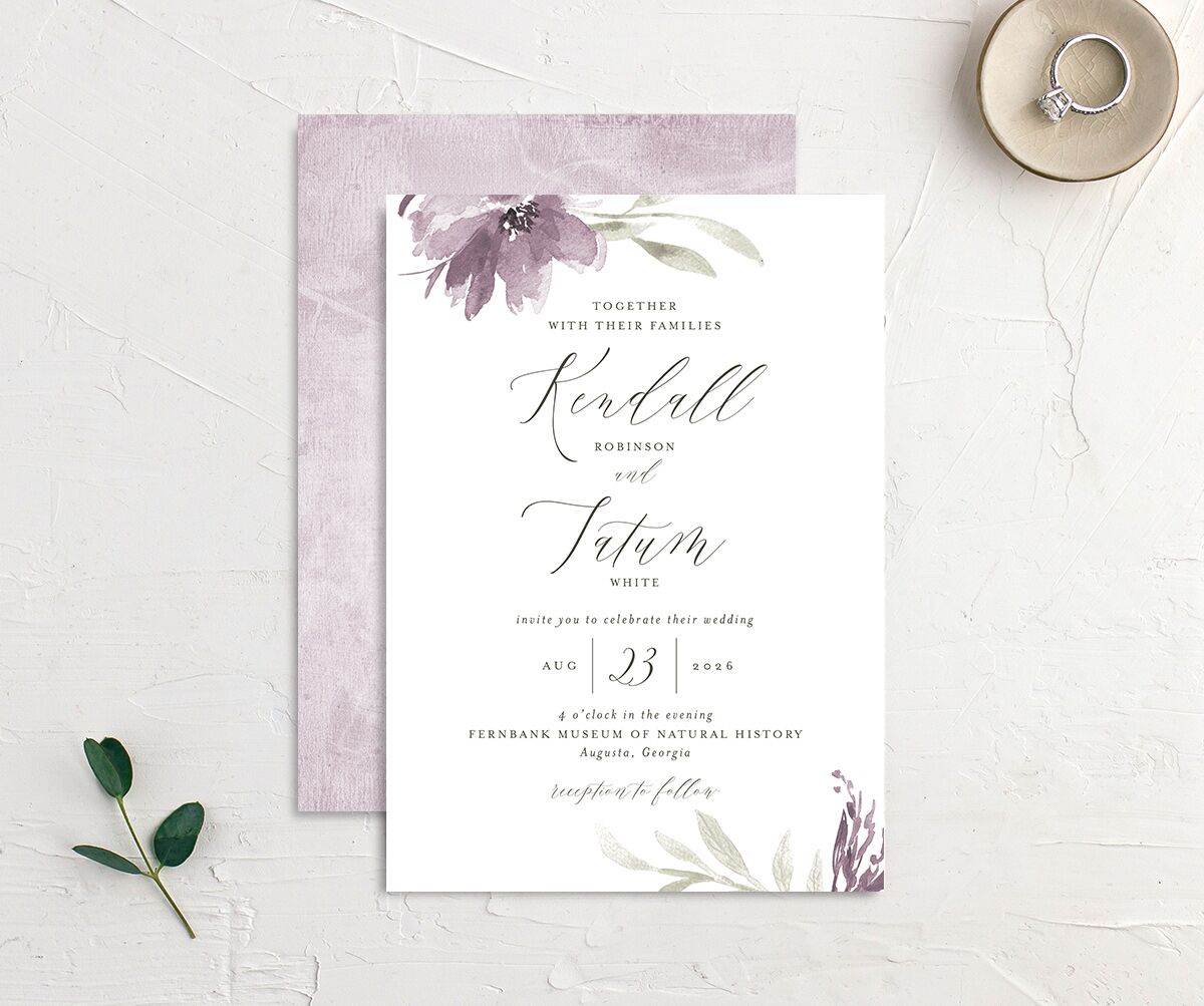 Breezy Botanical Wedding Invitations front-and-back in Jewel Purple