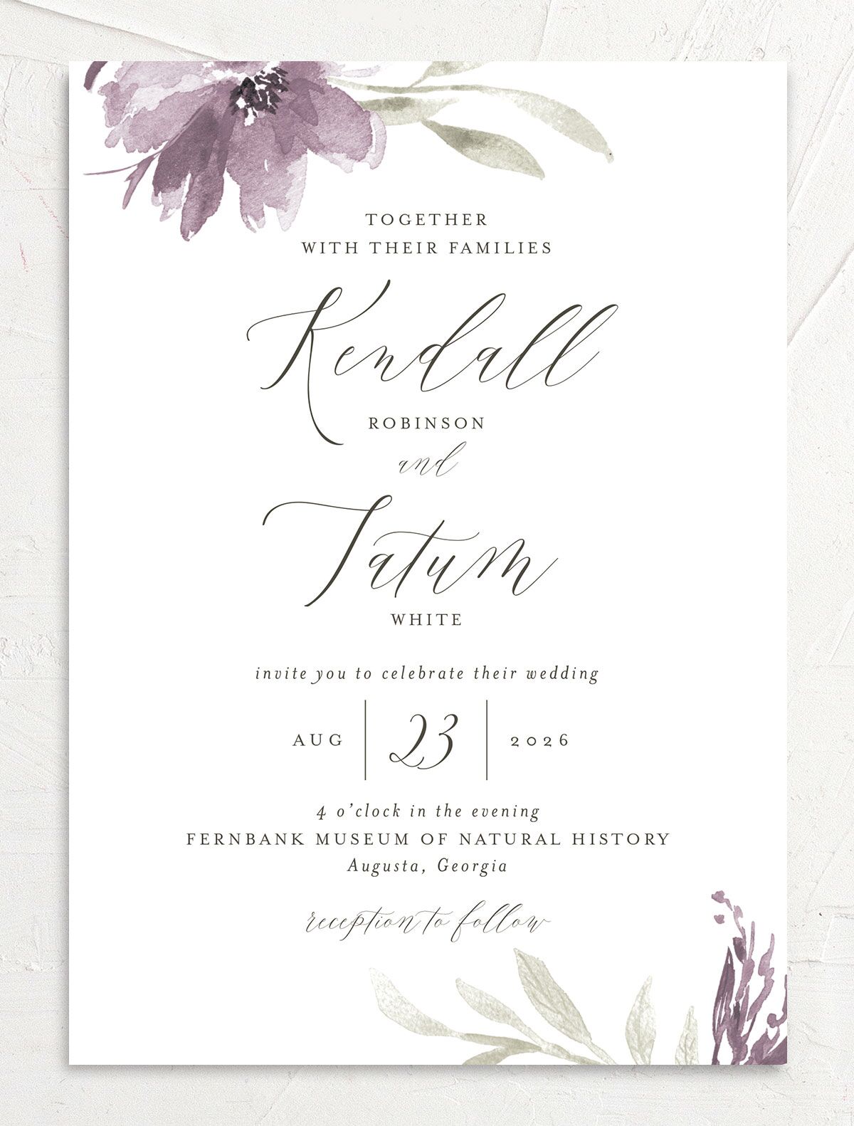 Breezy Botanical Wedding Invitations front in Jewel Purple