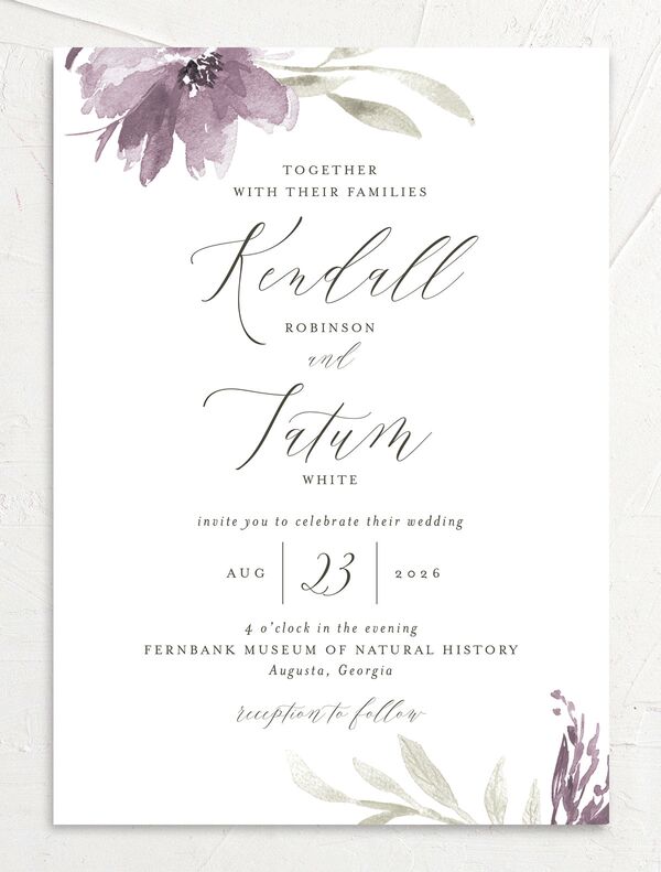 Breezy Botanical Wedding Invitations front in Jewel Purple