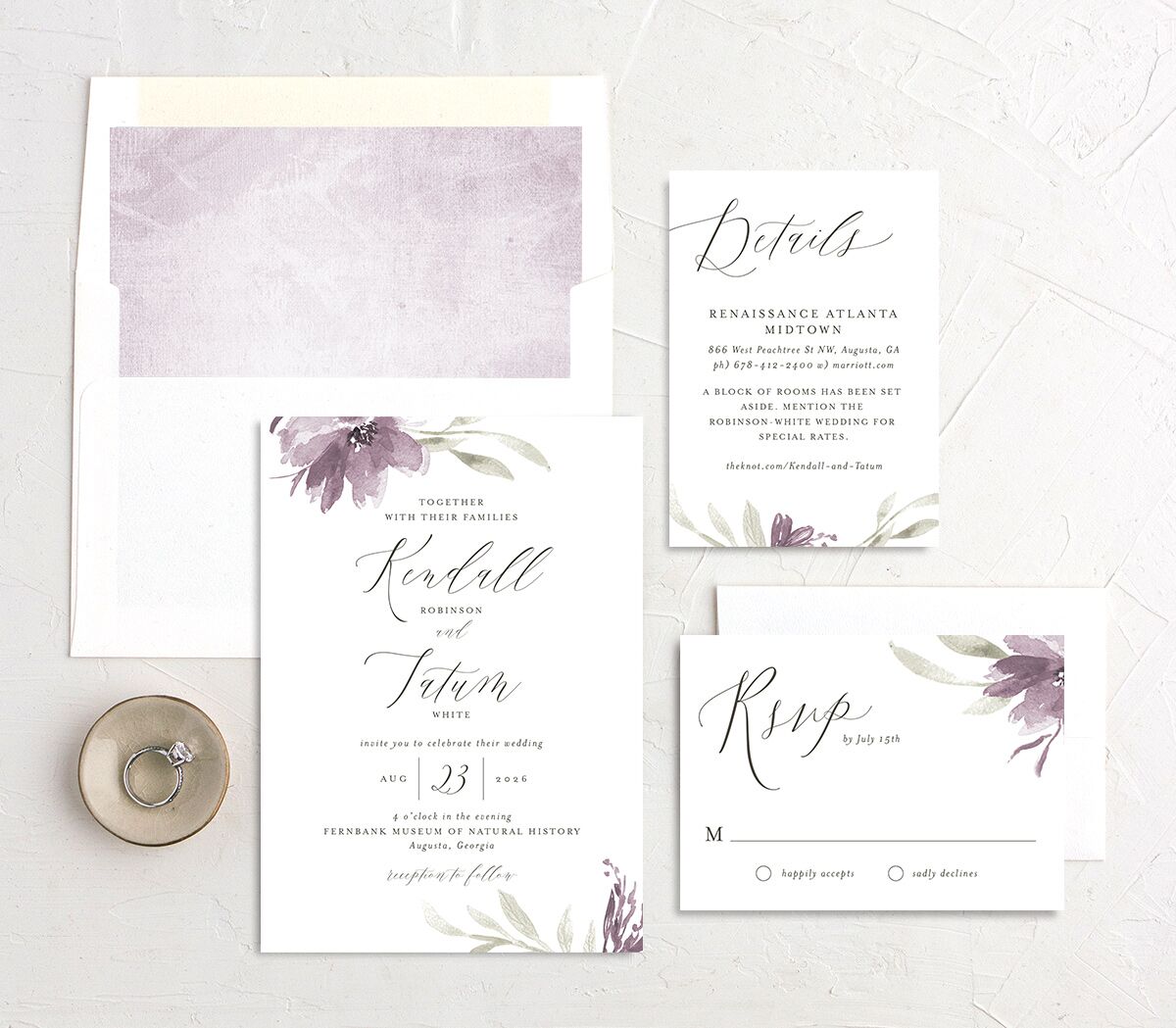 Breezy Botanical Wedding Invitations suite in Jewel Purple