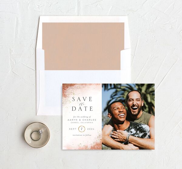 Natural Glamour Save the Date Cards envelope-and-liner in Pumpkin