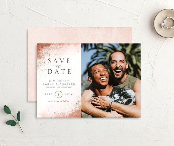 Natural Glamour Save the Date Cards front-and-back in Pumpkin