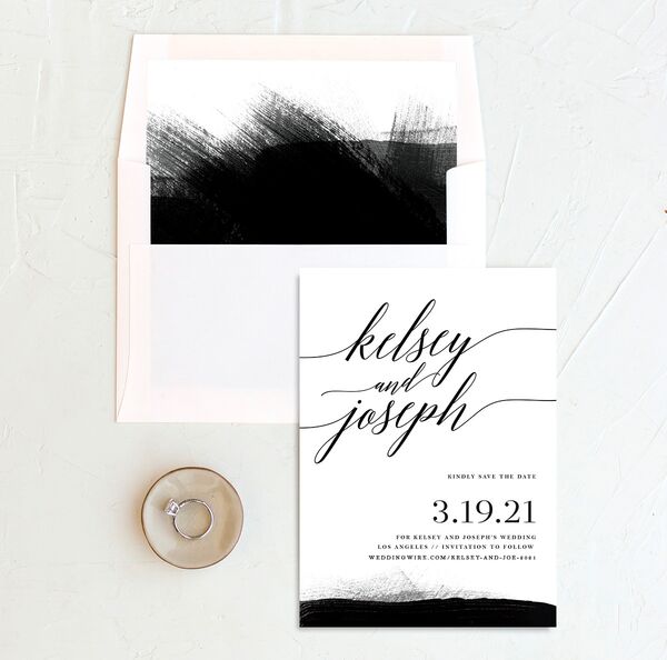 Artistic Script Save the Date Cards envelope-and-liner in Midnight